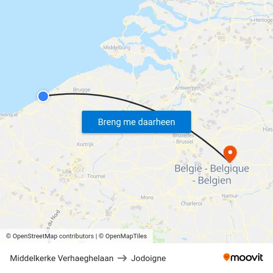 Middelkerke Verhaeghelaan to Jodoigne map