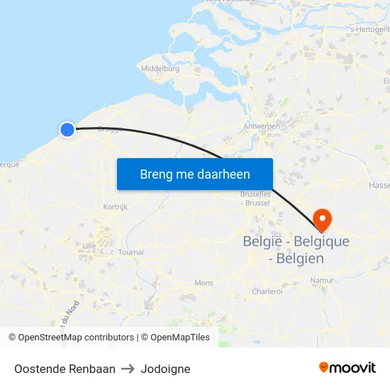 Oostende Renbaan to Jodoigne map