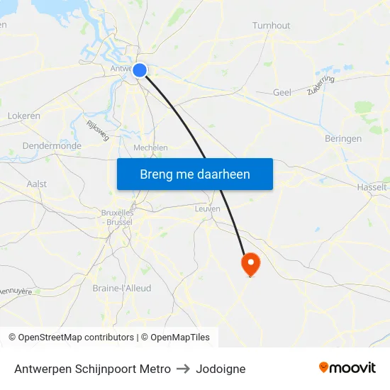 Antwerpen Schijnpoort Metro to Jodoigne map