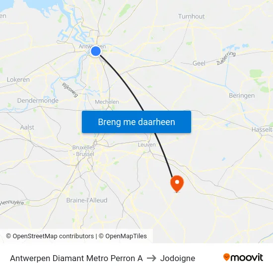 Antwerpen Diamant Metro Perron A to Jodoigne map