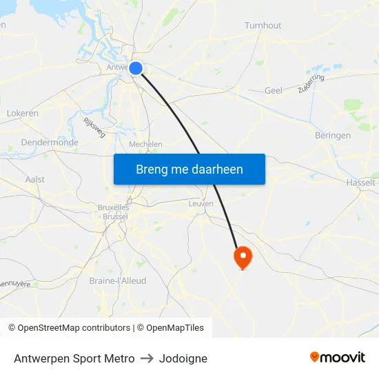 Antwerpen Sport Metro to Jodoigne map