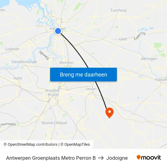 Antwerpen Groenplaats Metro Perron B to Jodoigne map