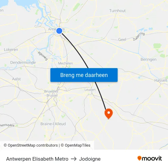 Antwerpen Elisabeth Metro to Jodoigne map