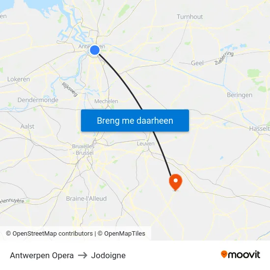 Antwerpen Opera to Jodoigne map
