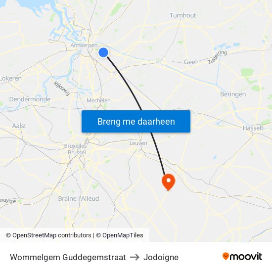 Wommelgem Guddegemstraat to Jodoigne map