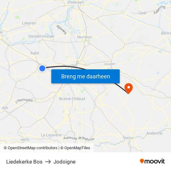 Liedekerke Bos to Jodoigne map