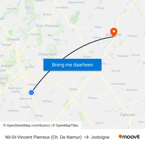 Nil-St-Vincent Pierreux (Ch. De Namur) to Jodoigne map