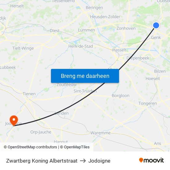 Zwartberg Koning Albertstraat to Jodoigne map