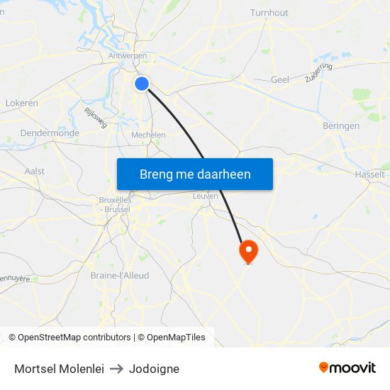 Mortsel Molenlei to Jodoigne map