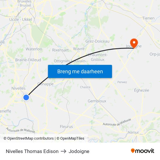 Nivelles Thomas Edison to Jodoigne map