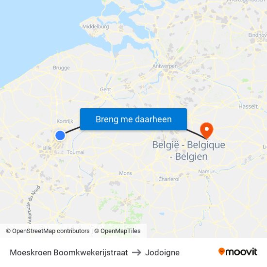 Moeskroen Boomkwekerijstraat to Jodoigne map