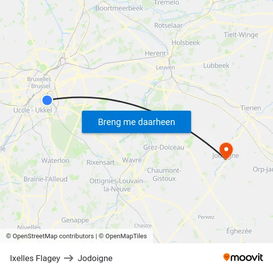 Ixelles Flagey to Jodoigne map