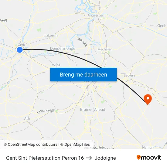 Gent Sint-Pietersstation Perron 16 to Jodoigne map