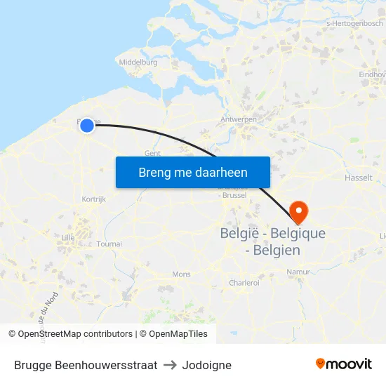 Brugge Beenhouwersstraat to Jodoigne map