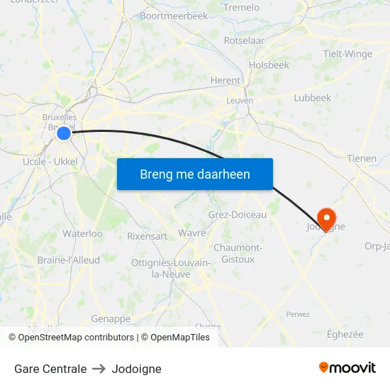 Gare Centrale to Jodoigne map