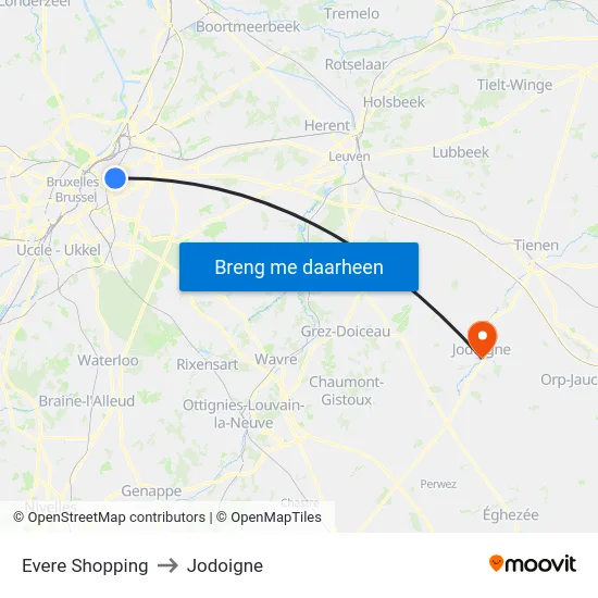 Evere Shopping to Jodoigne map