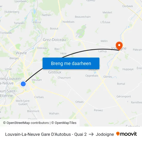 Louvain-La-Neuve Gare D'Autobus - Quai 2 to Jodoigne map