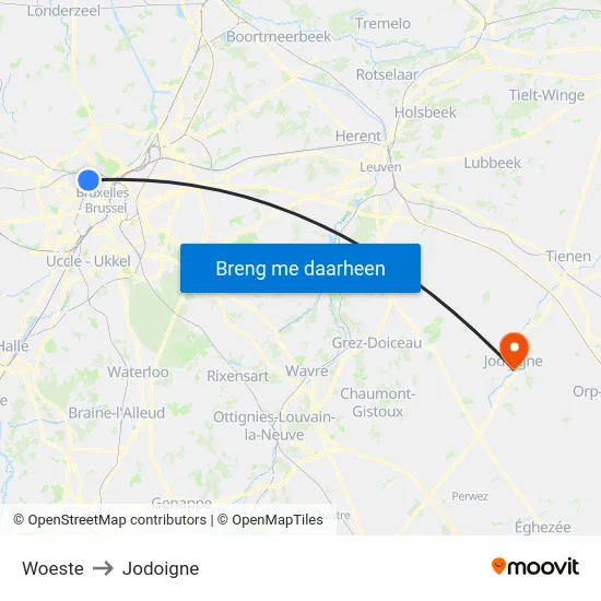 Woeste to Jodoigne map