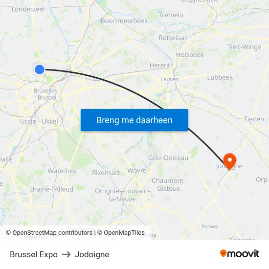 Brussel Expo to Jodoigne map