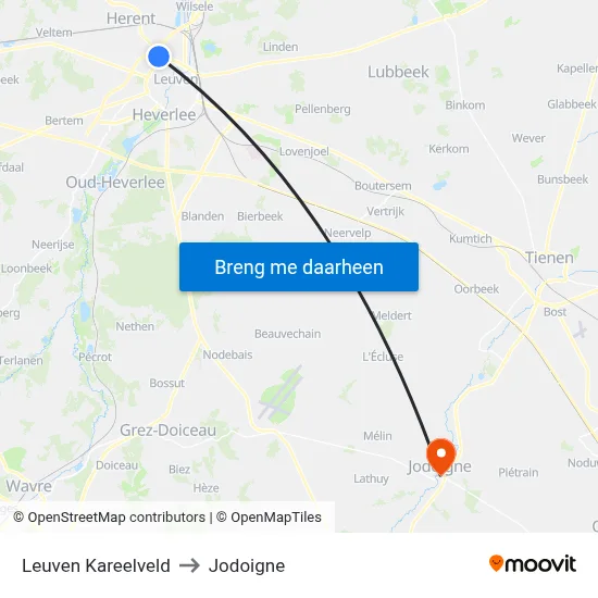 Leuven Kareelveld to Jodoigne map