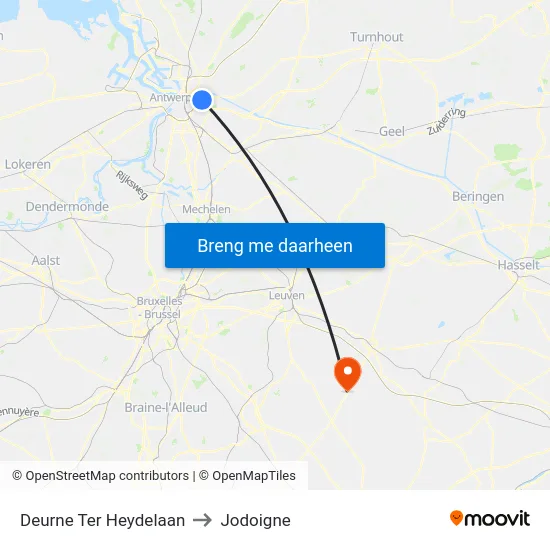 Deurne Ter Heydelaan to Jodoigne map