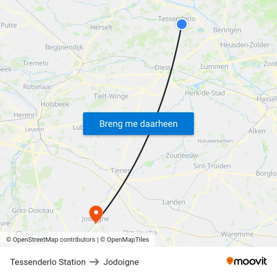 Tessenderlo Station to Jodoigne map