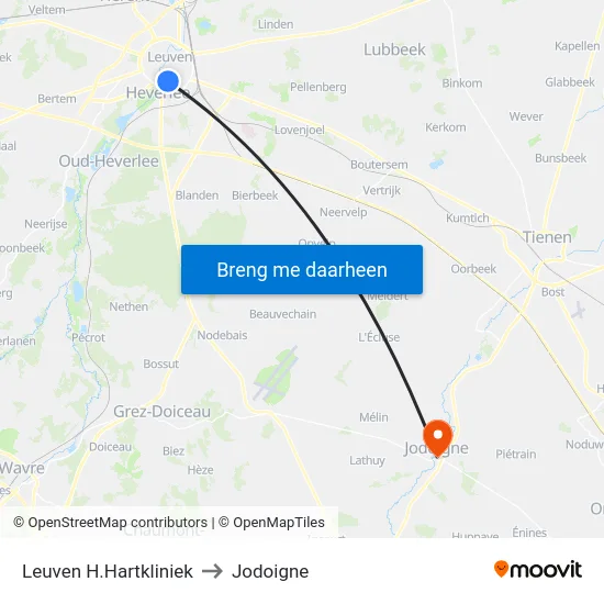 Leuven H.Hartkliniek to Jodoigne map