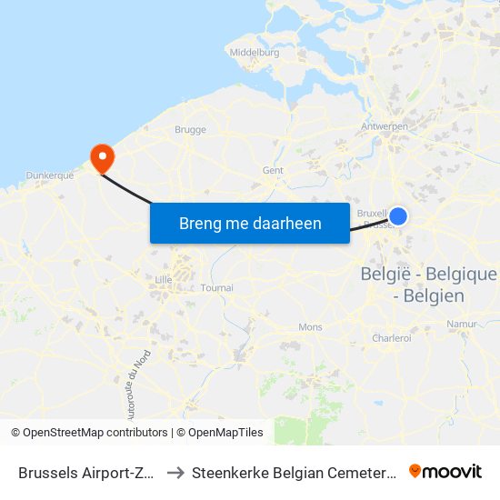 Brussels Airport-Zaventem to Steenkerke Belgian Cemetery Extension map