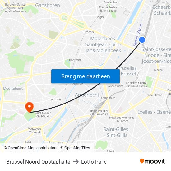 Brussel Noord Opstaphalte to Lotto Park map