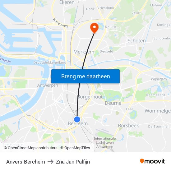 Anvers-Berchem to Zna Jan Palfijn map