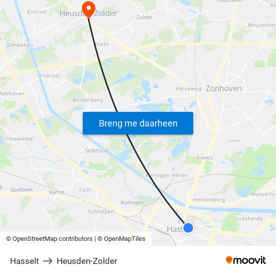 Hasselt to Heusden-Zolder map