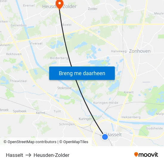 Hasselt to Heusden-Zolder map