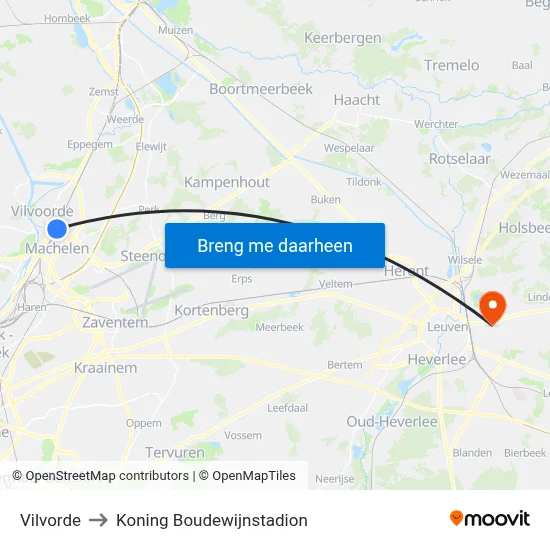 Vilvorde to Koning Boudewijnstadion map