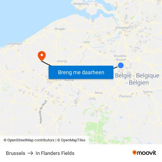 Brussels to In Flanders Fields map