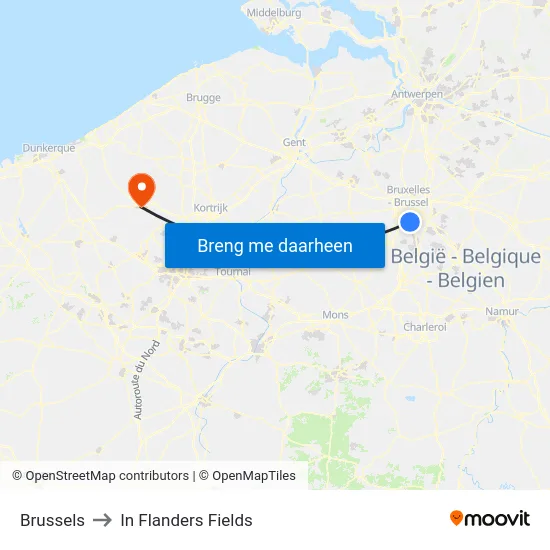 Brussels to In Flanders Fields map