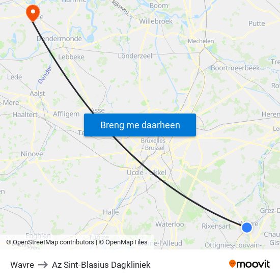 Wavre to Az Sint-Blasius Dagkliniek map