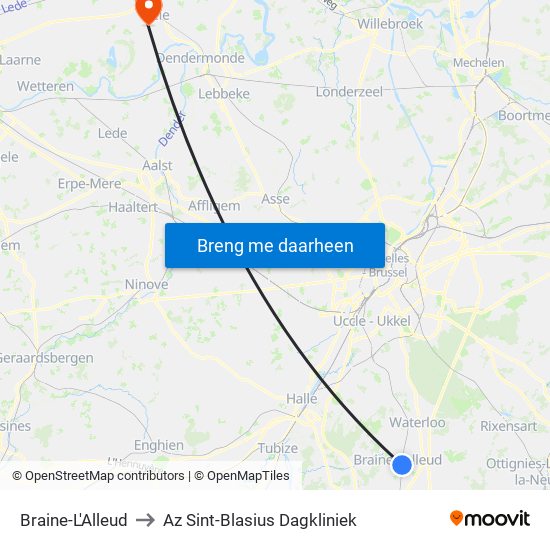 Braine-L'Alleud to Az Sint-Blasius Dagkliniek map