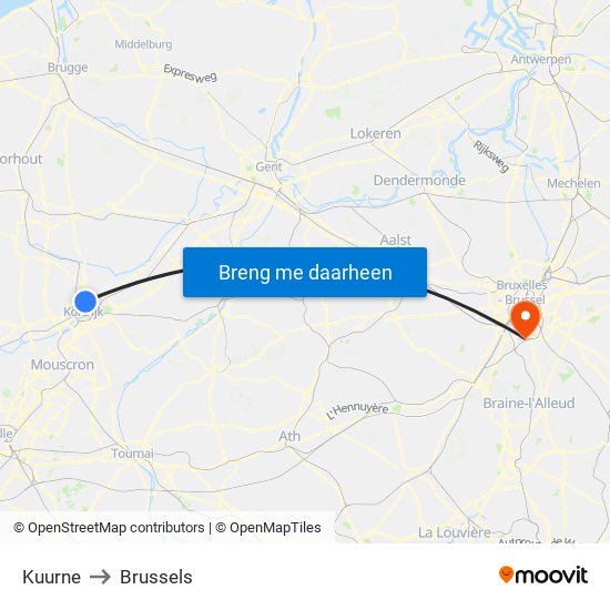 Kuurne to Brussels map