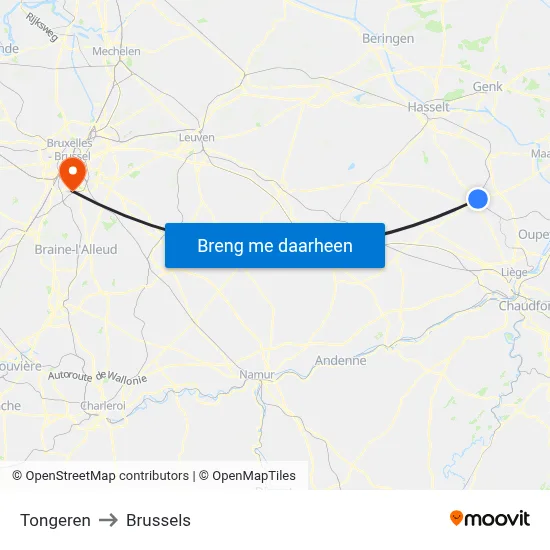 Tongeren to Brussels map
