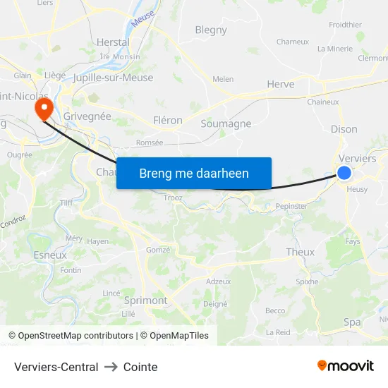 Verviers-Central to Cointe map