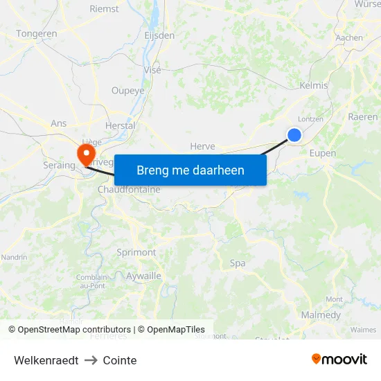 Welkenraedt to Cointe map