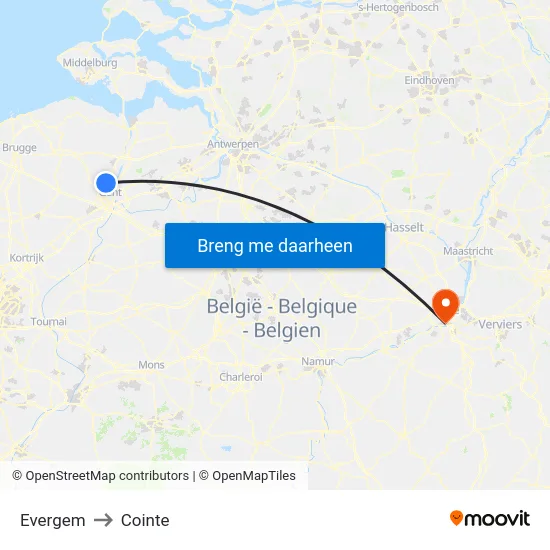 Evergem to Cointe map