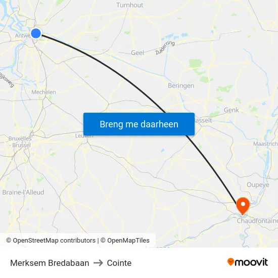 Merksem Bredabaan to Cointe map