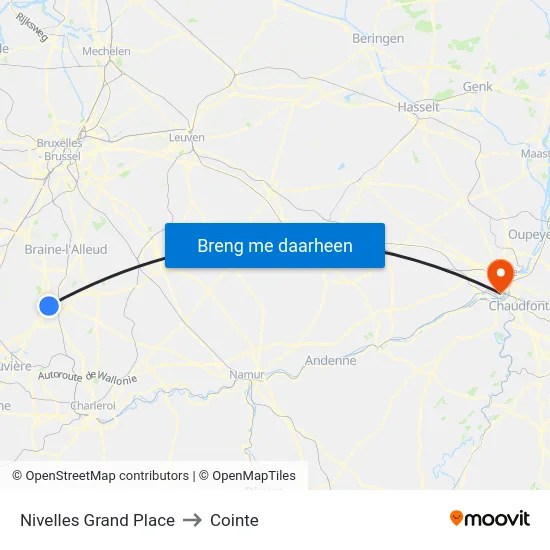 Nivelles Grand Place to Cointe map