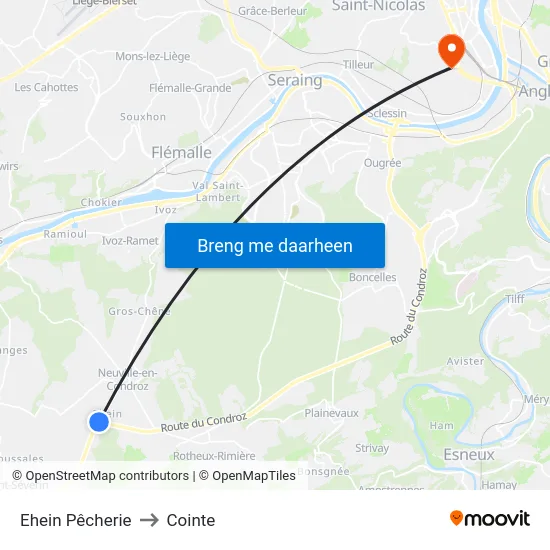 Ehein Pêcherie to Cointe map