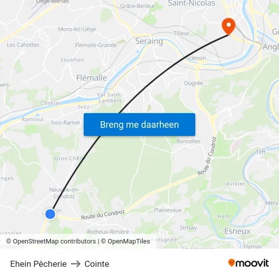 Ehein Pêcherie to Cointe map