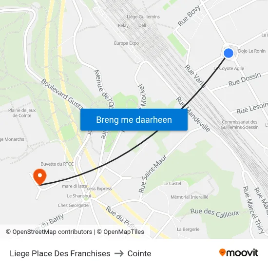 Liege Place Des Franchises to Cointe map