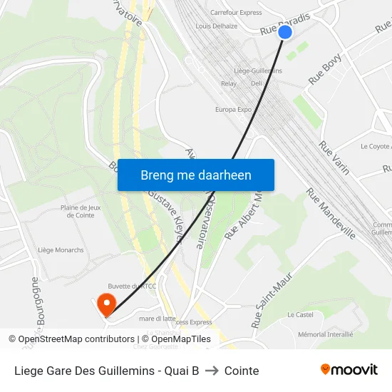 Liege Gare Des Guillemins - Quai B to Cointe map