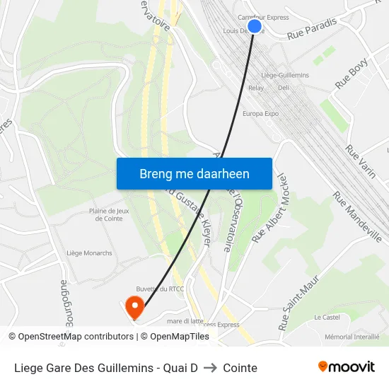 Liege Gare Des Guillemins - Quai D to Cointe map