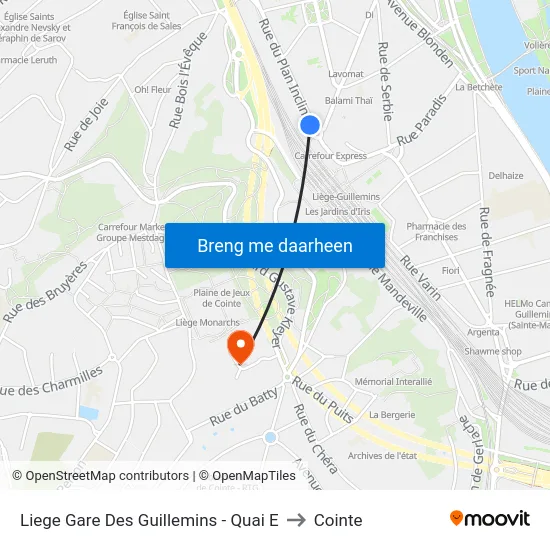 Liege Gare Des Guillemins - Quai E to Cointe map